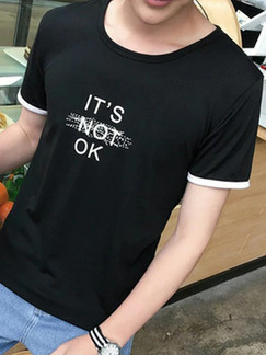 Black Plus Size Slim Round Neck Letter Printed Short Men Shirt for Casual