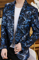 Blue Plus Size Slim Printed Lapel Pockets Button Long Sleeve Men Suit for Evening Office