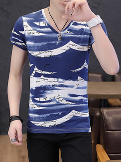 Blue and White Plus Size Slim Printed V Neck Men Shirt for Casual