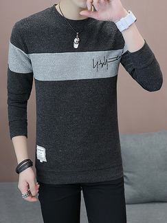 Grey Plus Size Slim Contrast Linking Round Neck Letter Printed Long Men Sweater for Casual