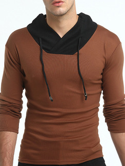 Brown and Black Plus Size Slim Contrast Stand Collar Drawstrings  Men Tshirt for Casual Sports