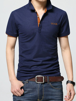 Blue Plus Size Slim Contrast Polo Collar Buttons Letter  Men Tshirt for Casual Party