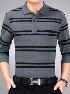 Dark Gray and Black Loose Lapel Contrast Stripe Long Sleeve Plus Size Men Shirt for Casual Party Office