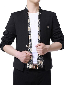 Black Slim Stand Collar Cufflinks Plus Size Long Sleeve Men Suit for Office Evening Groomsmen Prom