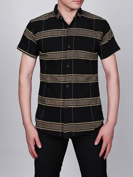 Black and  Yellow Lapel Slim Stripe Cardigan Collar Button-Down Men Shirt for Casual Party Office