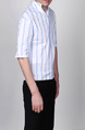 White and Blue Stand Collar V Neck Loose Stripe Plus Size Men Shirt for Casual Party Office