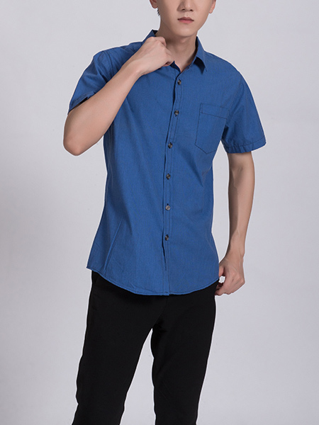 Blue Button Down Chest Pocket Collared Men Shirt for Casual Party Office