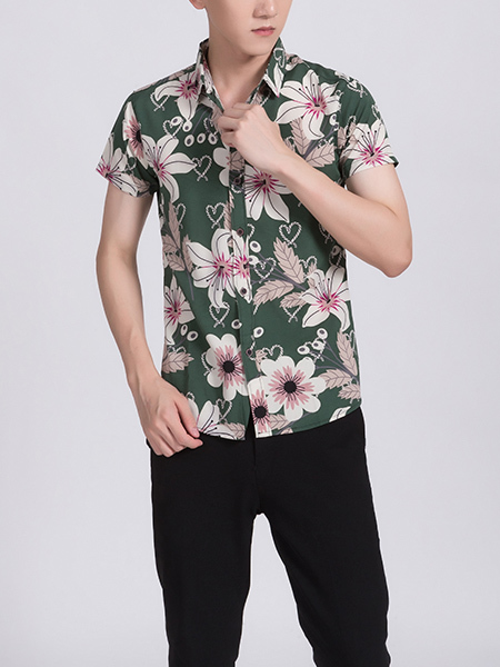 Green Colorful Button Down Collar Plus Size Floral Men Shirt for Casual Party
