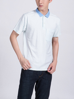 White and Blue Collared Chest Pocket Polo Men Shirt for Casual Party Office