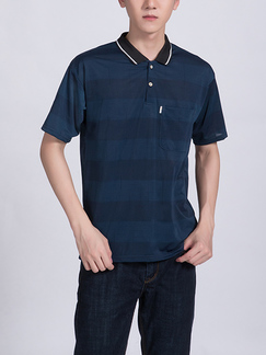 Blue Green and Black Striped Collared Chest Pocket Polo Men Shirt for Casual Party Office