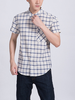 White and Blue Button Down Collared Checkered Chest Pocket Pus Size Men Shirt for Casual Party Office