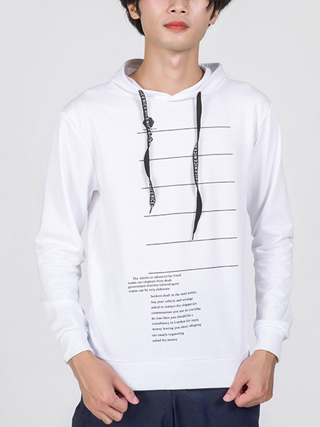 White Long Sleeves Drawstring Plus Size Men Hoodie for Casual