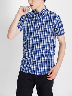 Blue and White Collared Button Down Plus Size Chest Pocket Men Shirt for Casual Party Office