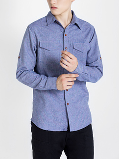 Blue Collared Chest Pocket Long Sleeve Button Down Men Shirt for Casual Party Office Evening