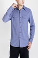 Blue Collared Chest Pocket Long Sleeve Button Down Men Shirt for Casual Party Office Evening