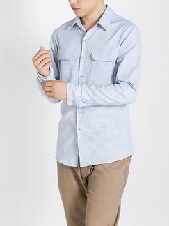 Blue Collared Chest Pocket Long Sleeve Button Down Oxford Men Shirt for Casual Party Office Evening