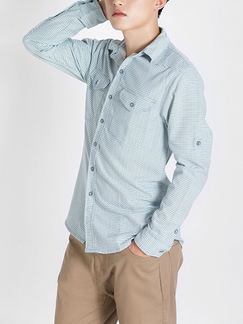 Blue Button Down Collared Chest Pocket Long Sleeve Oxford Men Shirt for Casual Party Office Evening