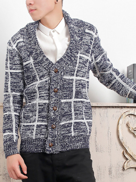 Blue and White Plus Size Slim Grid Buttons Men Cardigan for Casual