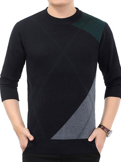 Black Grey and Green Plus Size Slim Round Neck Contrast Linking Long Sleeve Men Sweater for Casual