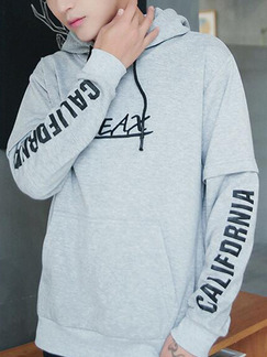Grey Plus Size Hooded Drawstring Letter Printed Long Sleeve Men Hoodies for Casual