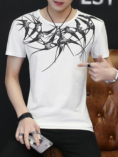 White and Black Plus Size Slim Round Neck Located Printing Men Shirt for Casual