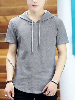 Grey Plus Size Slim Hooded Drawstring  Men Shirt for Casual