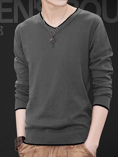 Black Plus Size Slim Contrast V Neck Long Sleeve Men Sweater for Casual