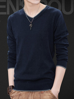Blue Plus Size Slim Contrast V Neck Long Sleeve Men Sweater for Casual