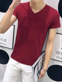 Red Plus Size Slim V Neck  Men Tshirt for Casual