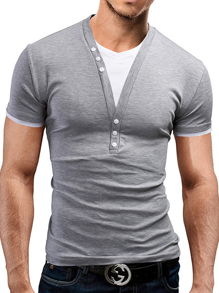 Grey Plus Size Slim Seem-Two V Neck Buttons Men Tshirt for Casual Office