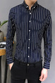 Blue and White Plus Size Slim Lapel Contrast Stripe Single-Breasted Long Sleeve Men Shirt for Casual Office Evening