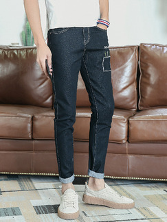 Black Slim Denim Embroidery Long Men Pants for Casual