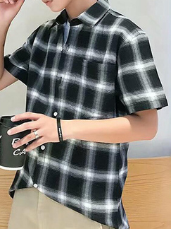 Black and White Loose Lapel Grid Men Shirt for Casual Party