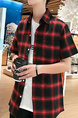 Black and Red Loose Lapel Grid Men Shirt for Casual Party