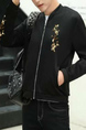 Black Slim Stand Collar Embroidery Long Sleeve Men Coat for Casual