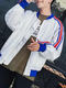 White Loose Stand Collar Linking Side Stripe Long Sleeve Men Coat for Casual