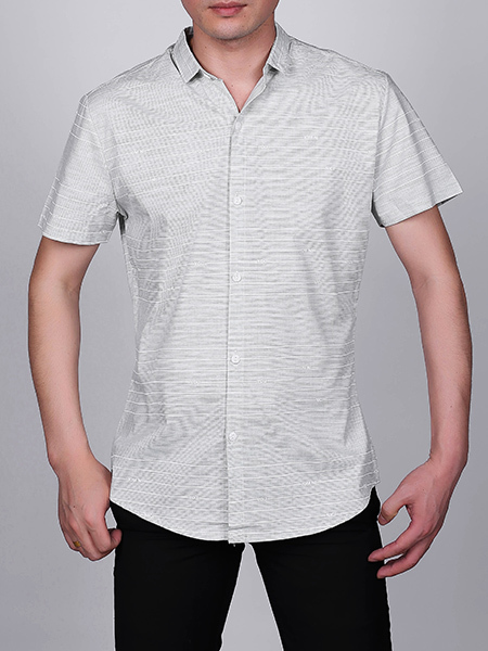 Gray Slim Plus Size Lapel Leisure Linking Single-breasted Stripe Collar Button-Down Men Shirt for Casual Party Office