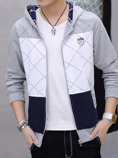 Blue Grey and White Plus Size Slim Hooded Contrast Linking Grid Pockets Long Sleeve Men Sweater for Casual