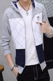 Blue Grey and White Plus Size Slim Hooded Contrast Linking Grid Pockets Long Sleeve Men Sweater for Casual