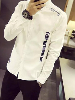 White Slim Letter Polo Long Sleeve Men Shirt for Casual Office Party
