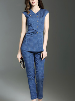 Blue Slim V Neck Two-Piece Printed Pleated Pants Jumpsuit for Casual Party Office