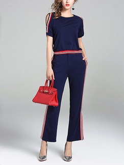 Blue Red Slim Two-Piece Contrast Linking Flared Trousers Jumpsuit for Casual Party