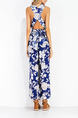 White and Blue Slim Jumpsuit V Neck Printed Adjustable Waist Wide Leg Open Back Floral Jumpsuit for Casual