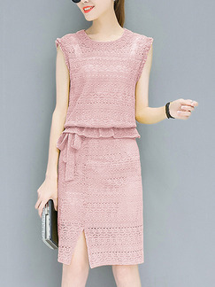 Pink Lace Slim Two-Piece Band Ruffled Above Knee Plus Size Cute Dress for Casual Party Office