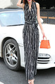 Black and White Slim Chiffon Siamese Wide Leg V Neck Vertical Stripe Band  Jumpsuit for Casual Party
