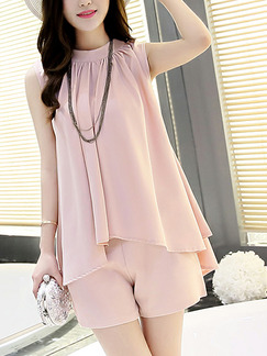 Pink Two-Piece Plus Size Loose Round Neck Asymmetrical Hem Wide-Leg Pockets Jumpsuit for Casual