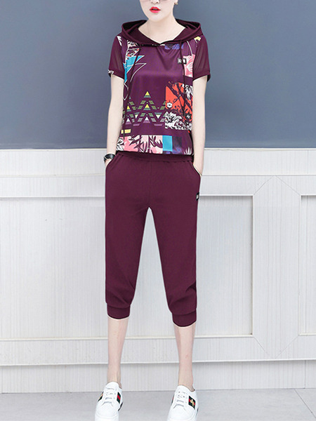 Wine Red Slim Hooded Printed Two-Piece Plus Size Jumpsuit for Casual