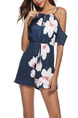 Navy Blue Slim Located Printing Off-Shoulder Siamese Floral Slip Jumpsuit for Casual Party Beach