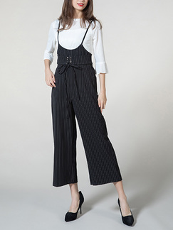White and Black Plus Size Sling Stretch T-shirt Flare Sleeve Band Belt Stripe Wide leg Pocket Two Piece Jumpsuit for Casual Party