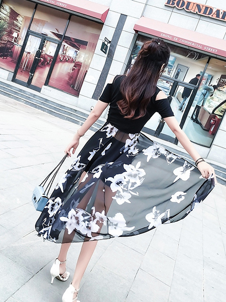 Black and White Two Piece Floral Overlay Skirt Jumpsuit for Casual